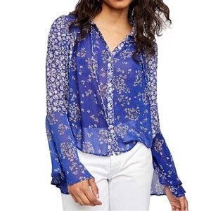 FREE PEOPLE SERENA Blue Combo Floral Print Top Semi Sheer Bell Sleeves Sz S